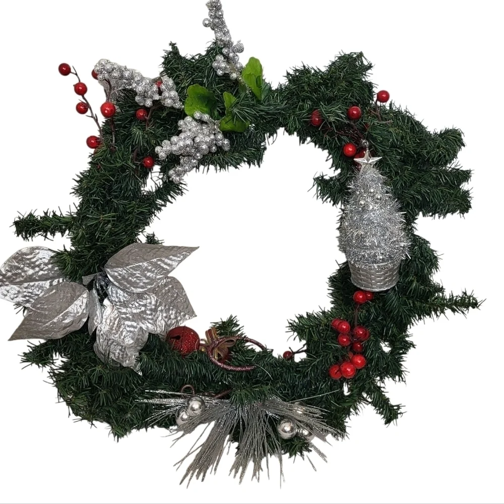 Handmade Christmas Wreath Silver Poinsettia & Red Berries Holiday Decor